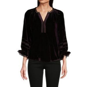 Democracy 3/4 Blouson Top Blouse Womens 3X Embroidered Velvet Boho Witchy Fairy